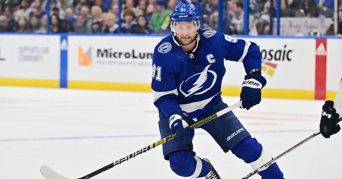 Steven Stamkos #91 of the Tampa Bay Lightning skates the puck in the second period against the Florida Panthers during Game Three of the First Round of the 2024 Stanley Cup Playoffs at Amalie Arena on April 25, 2024 in Tampa, Florida. (Photo by Julio Aguilar/Getty Images)