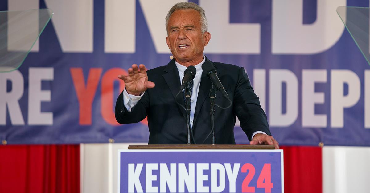 Robert F. Kennedy Jr. speaking on stage for his campaign. 